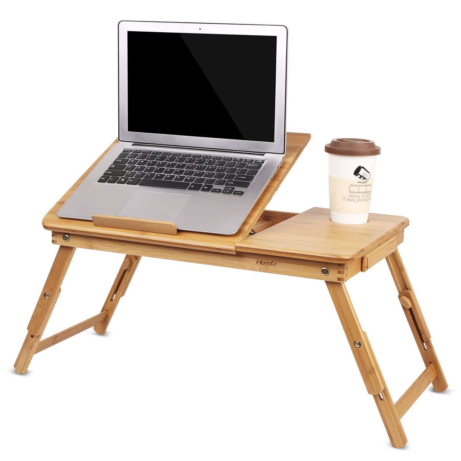 The HOMFA Bamboo Laptop Desk and Breakfast Serving Tray (with a tilting top drawer)